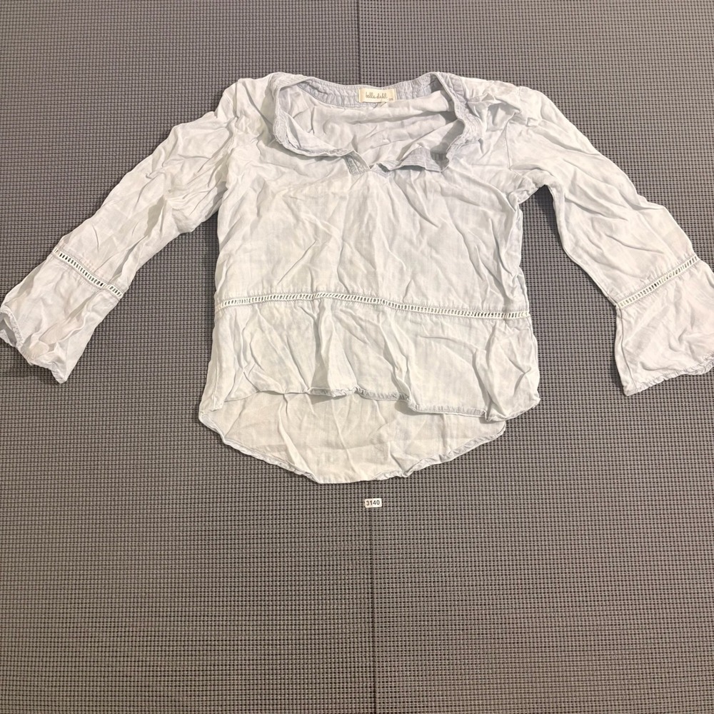 Bella Dahl Women Light Blue Split Neck Ladder Trim Long Sleeve Blouse XS